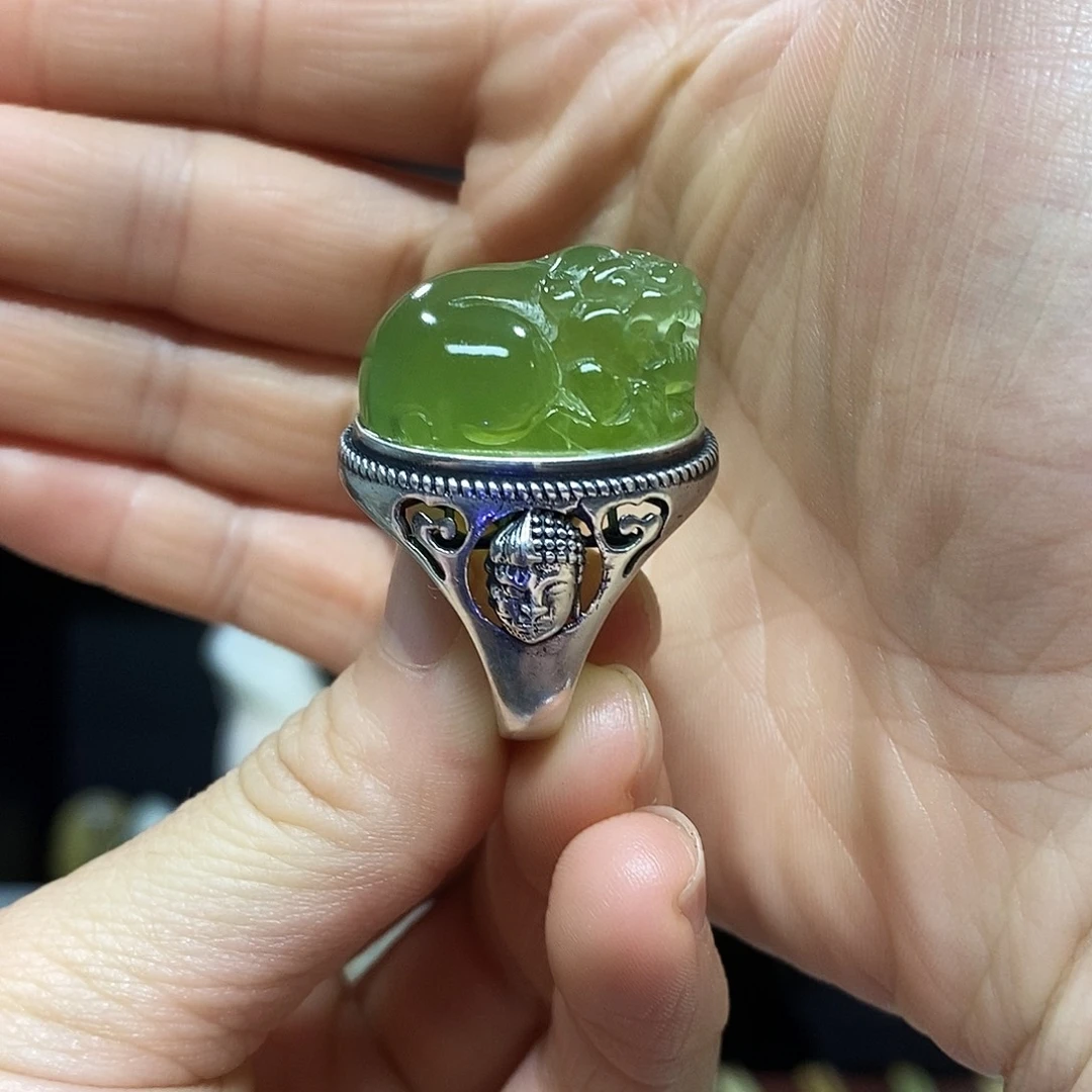 岫玉挂件吊坠戒指银S925镶嵌