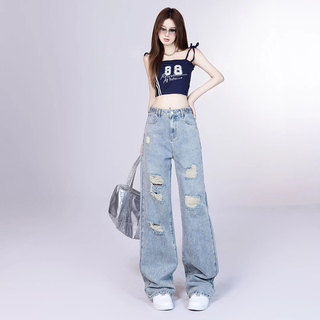设计感破洞新款阔腿百搭新款高腰宽松显瘦烫钻闪牛仔裤女Y5030