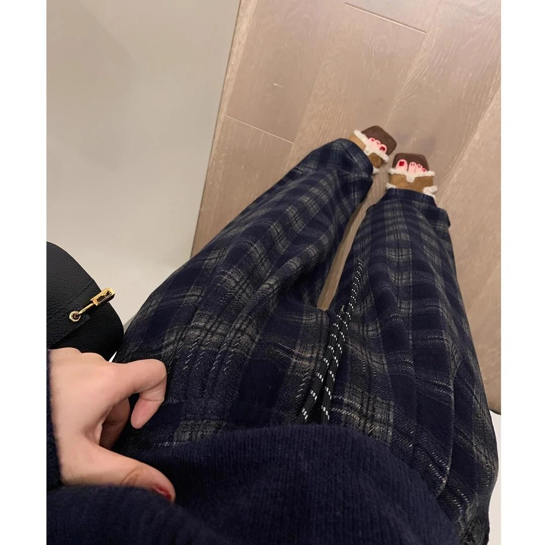 格子裤女冬季美式复古雅痞小众高级感家居睡裤长裤阔腿休闲裤子