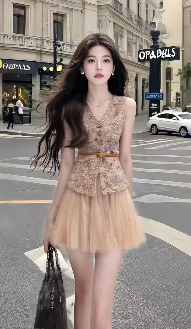 新款时尚别致设计感无袖V领修身上衣+杏色百搭显瘦半身裙女两件套