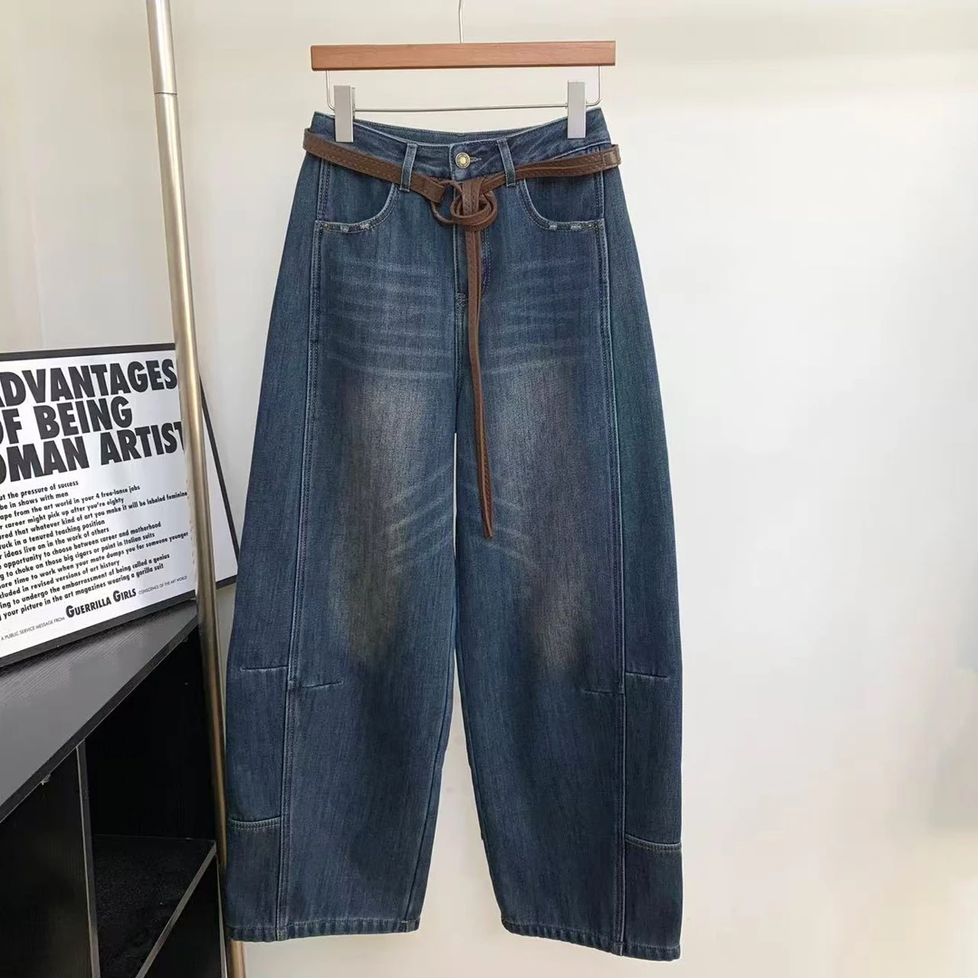 素心轻奢 2025冬款加绒加厚深蓝高腰牛仔裤宽松显瘦弯刀阔腿裤