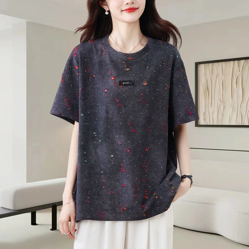 T恤2025夏季新款欧货时尚圆领扎染渐变色短袖宽松显瘦百搭上衣