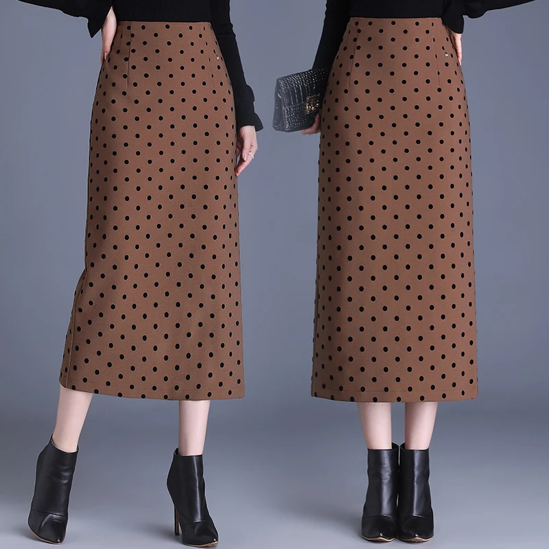 2025新款波点高腰通勤包臀裙棕色半身裙A字开叉一步裙春夏新款