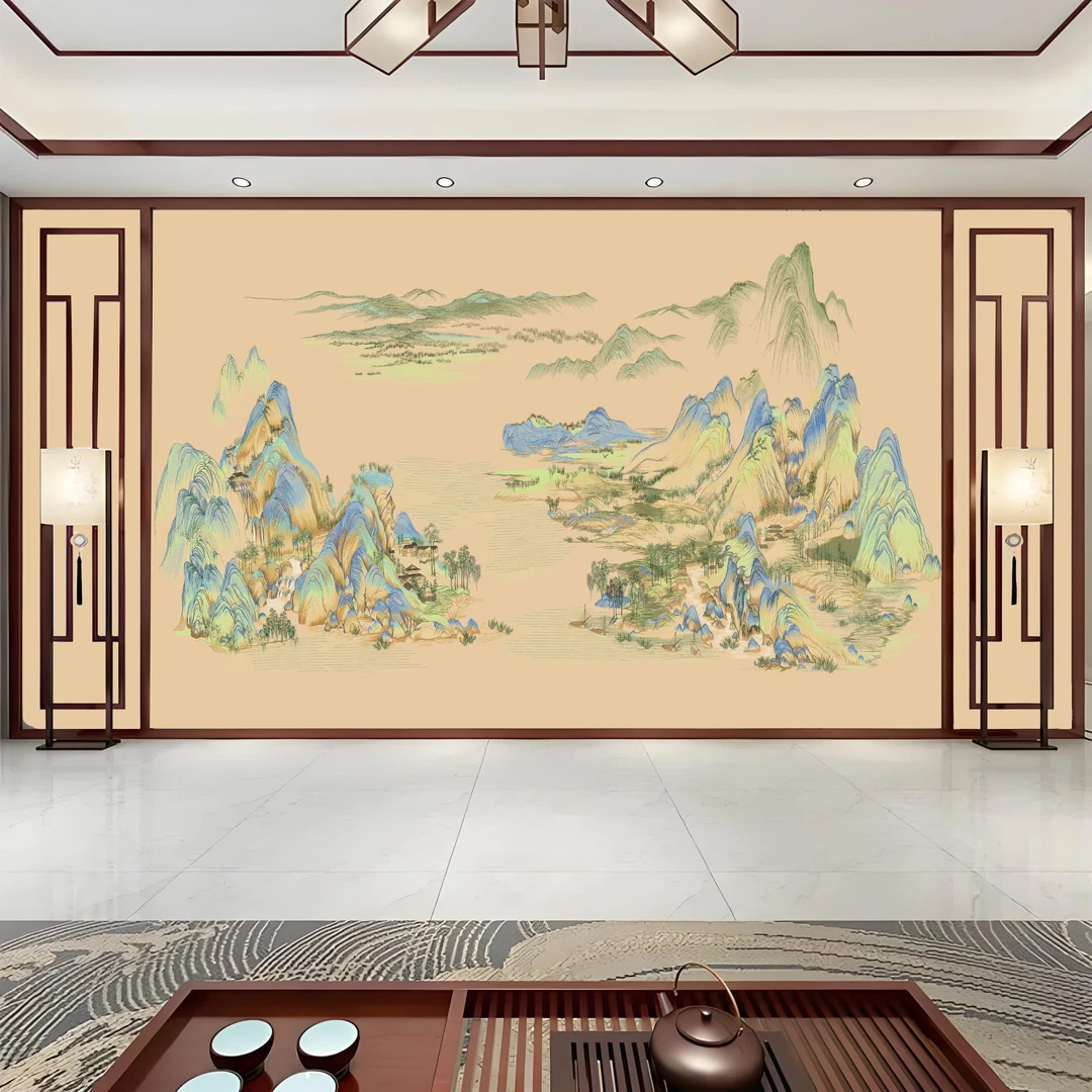 千里江山E8独绣中式沙发山水背景独绣墙刺绣电视背景墙