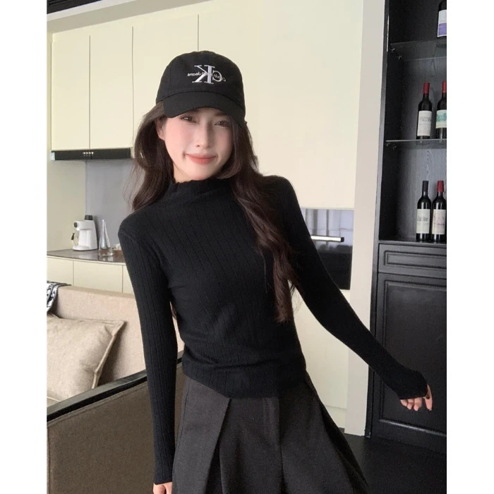 基础款黑色长袖针织衫女秋季半高领坑条修身内搭弹力显瘦打底上衣