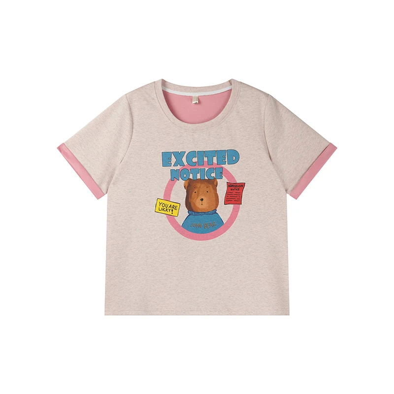 卡通小熊棉质夏季宽松圆领百搭显瘦宽松印花撞色T恤8963