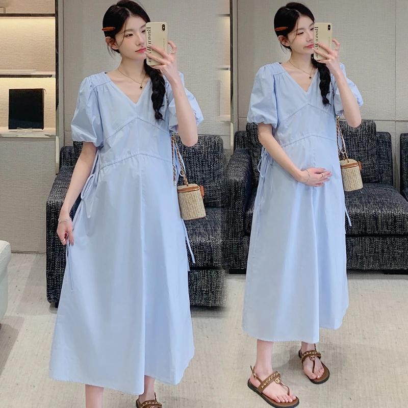 时髦孕妇装新款大码抽绳简单大方蓝色泡泡袖夏季时尚显瘦款连衣裙