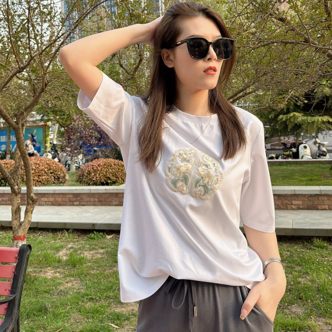 清【高个子新中式刺绣短袖】百搭夏季宽松显瘦设计感重工短袖ZB1