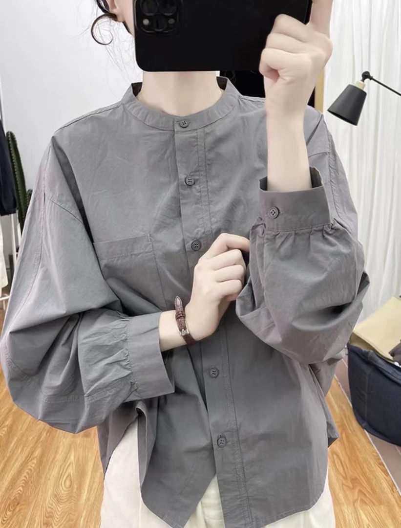 春季新款感蝙蝠袖小立领长袖衬衫女宽松上衣2025新款打底衬衣1125