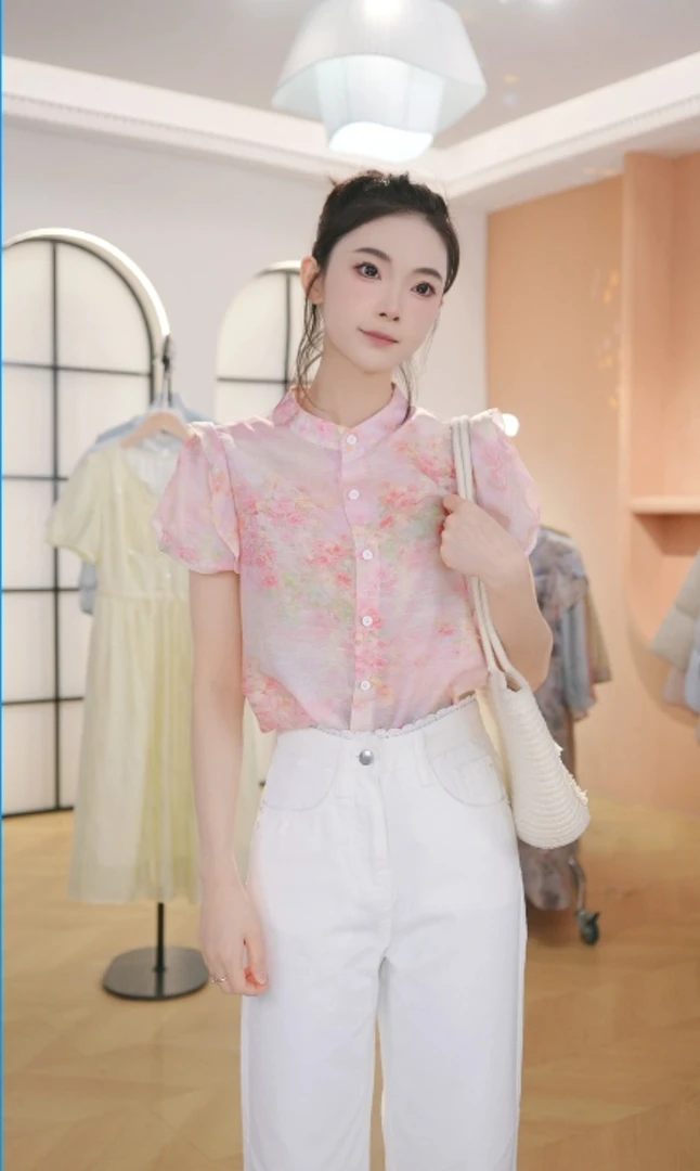 F碎花荷叶边短袖衬衫夏季新款法式慵懒松弛感时尚洋气衬衣