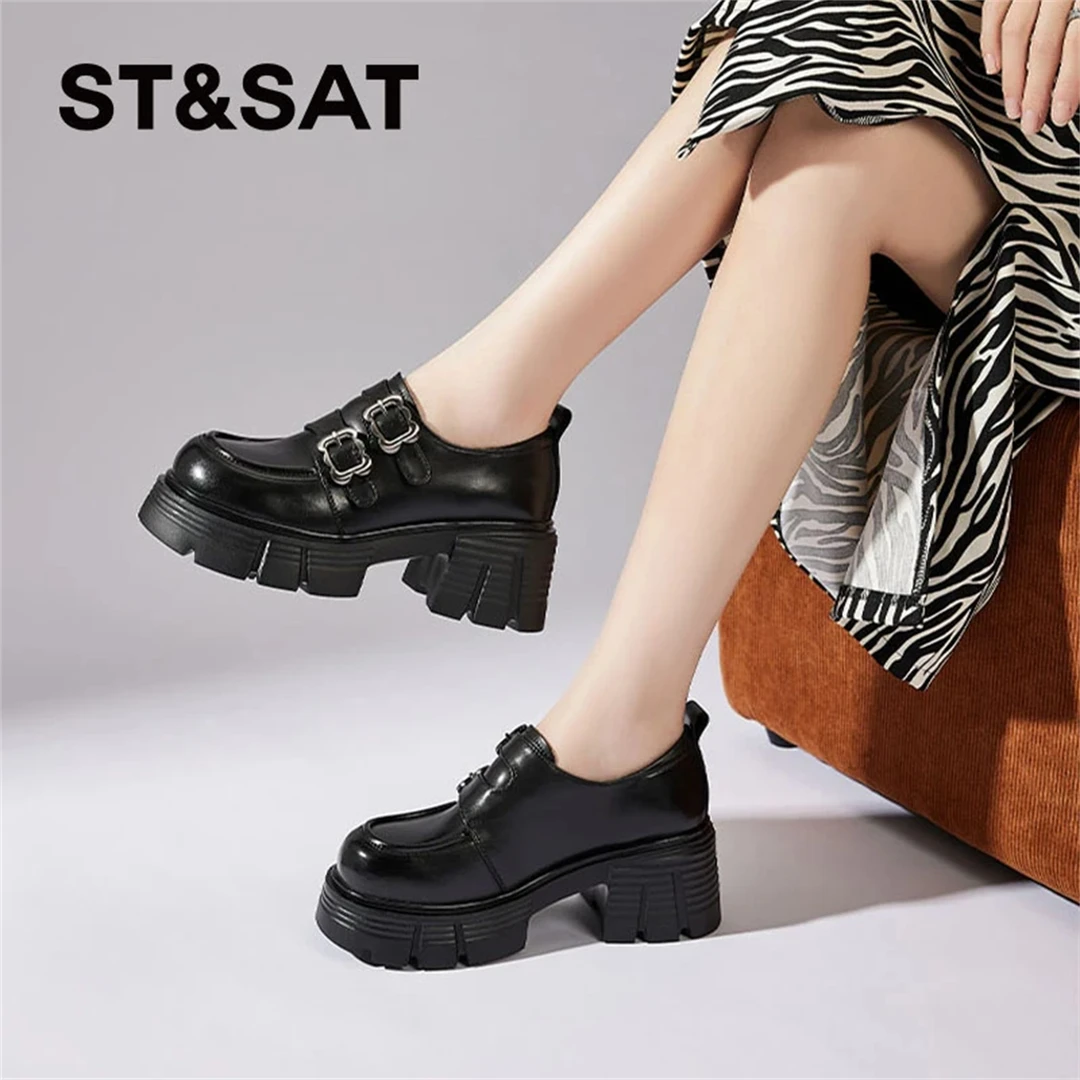 星期六时尚厚底7cm高跟乐福鞋女2025春季日系JK显瘦小皮鞋单鞋女