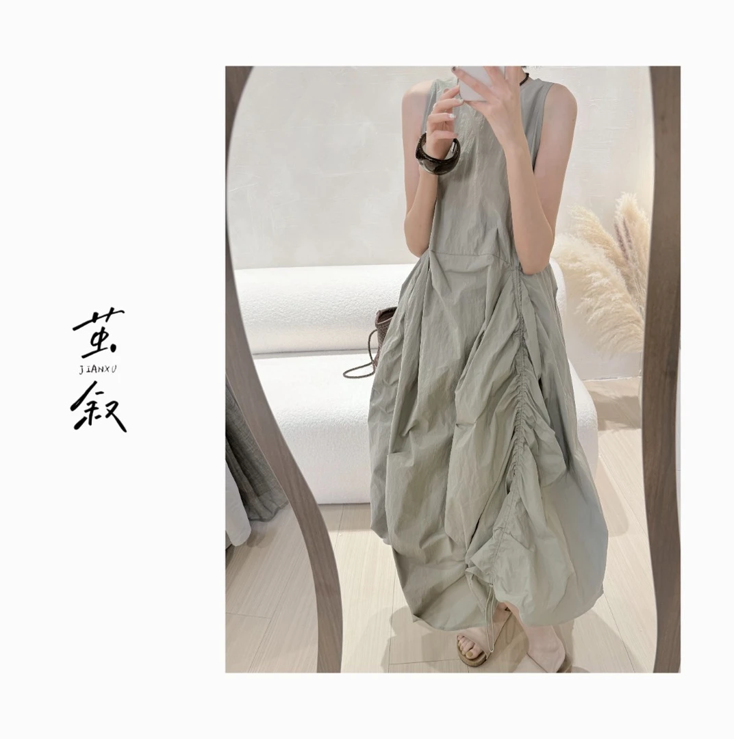JIAN.XU圆领无袖褶皱连衣裙夏季裙子纯色长款气质
