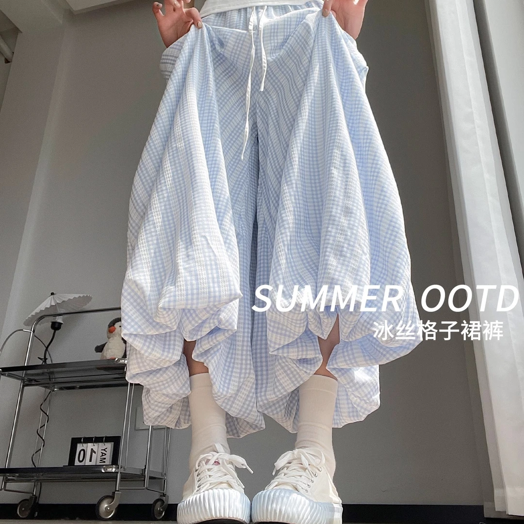 冰丝蓝色格子花苞裙裤女夏季显瘦2025新款温柔风灯笼裤休闲阔腿裤