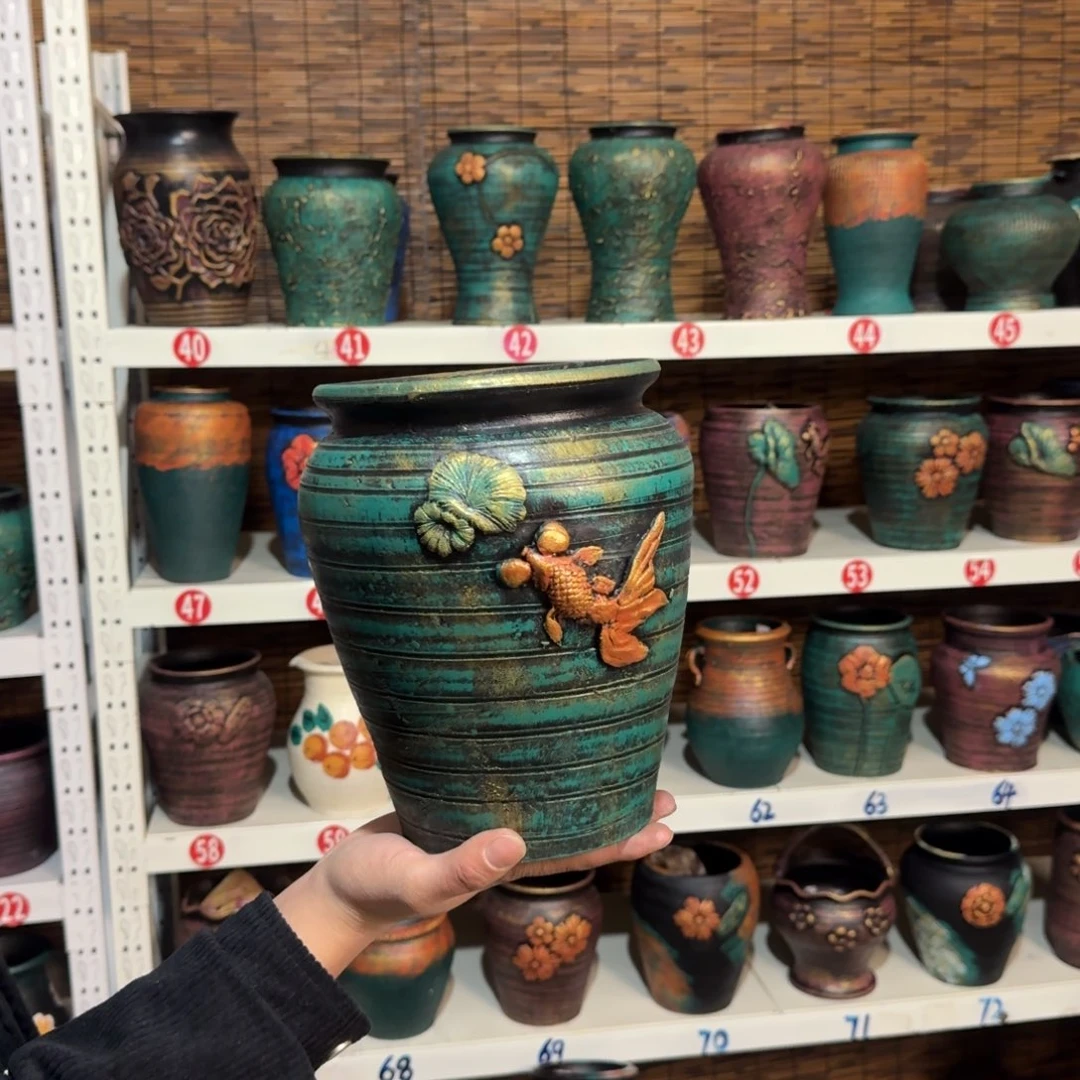 红陶红陶浮雕花盆炸炸炸