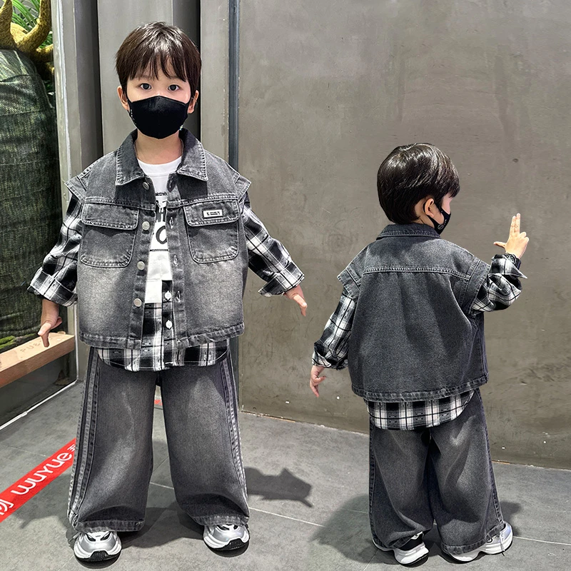 男童秋装套装2025新款帅洋气宝宝春秋季衣服时髦儿童牛仔三件套潮