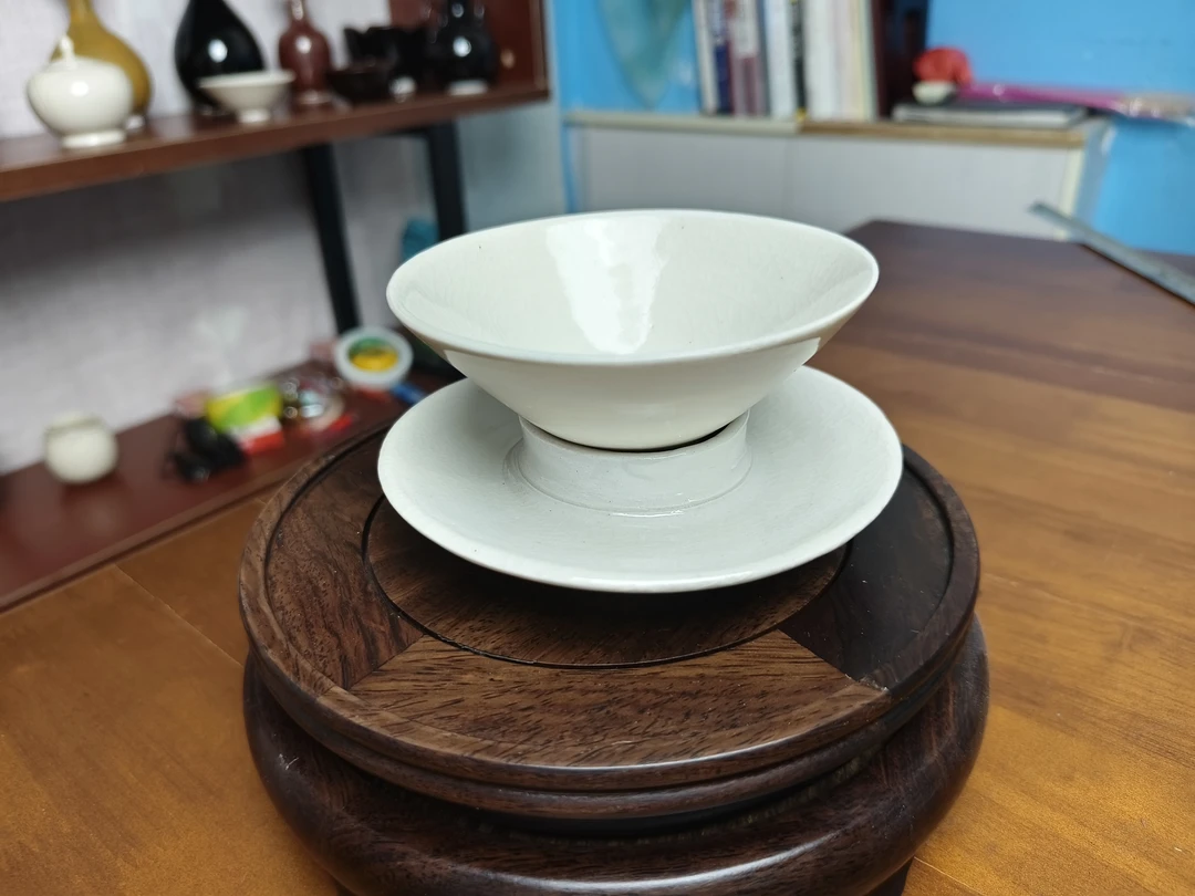 纯手工定窑白釉分体盏托一套