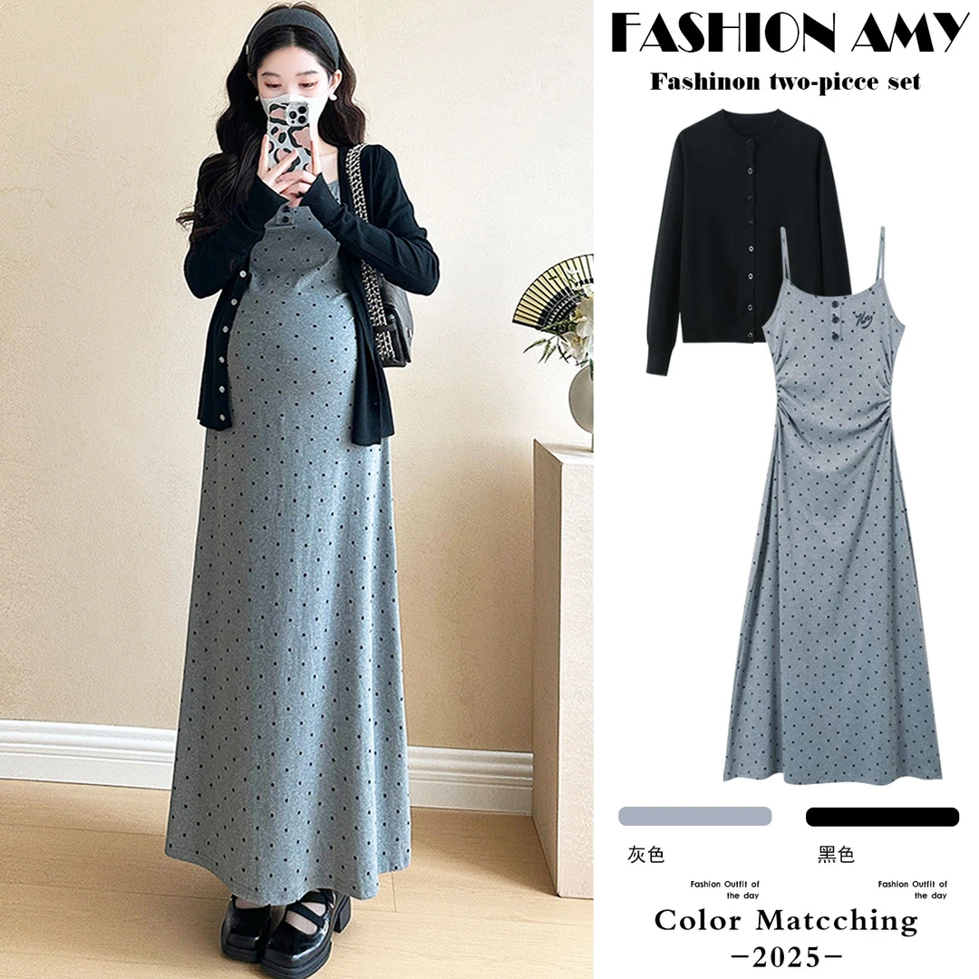 孕妇装春装套装新款时尚韩版气质长袖防晒开衫显瘦波点吊带连衣裙