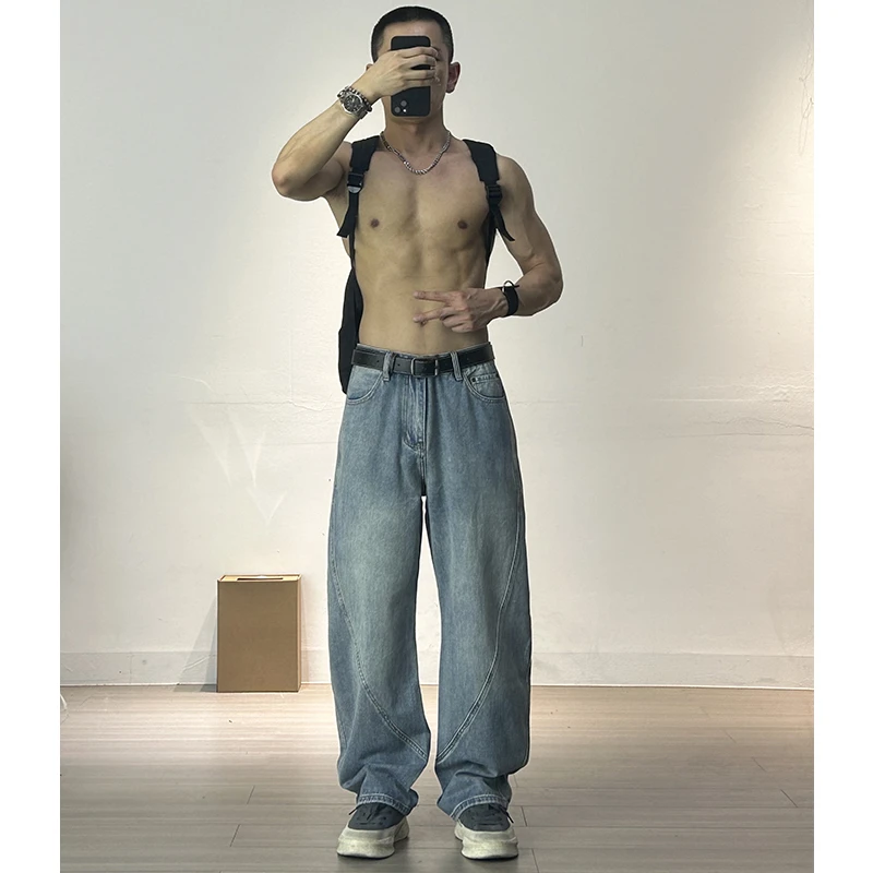 夏季美式潮牌几何立体剪裁浅蓝色弯刀牛仔裤男宽松阔腿裤镰刀裤