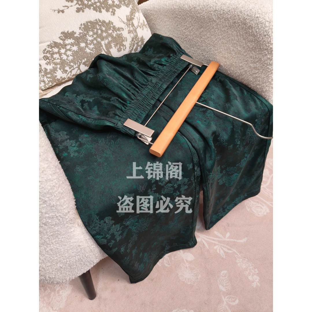 522新中式提花半松紧腰直筒裤墨绿色夏季女裤复古中国风休闲裤