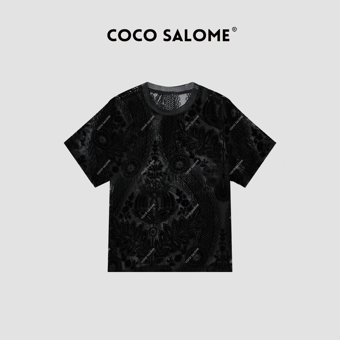 COCO SALOME⑥【镂空艺术】镂空提花拼接时尚休闲百搭T恤2453