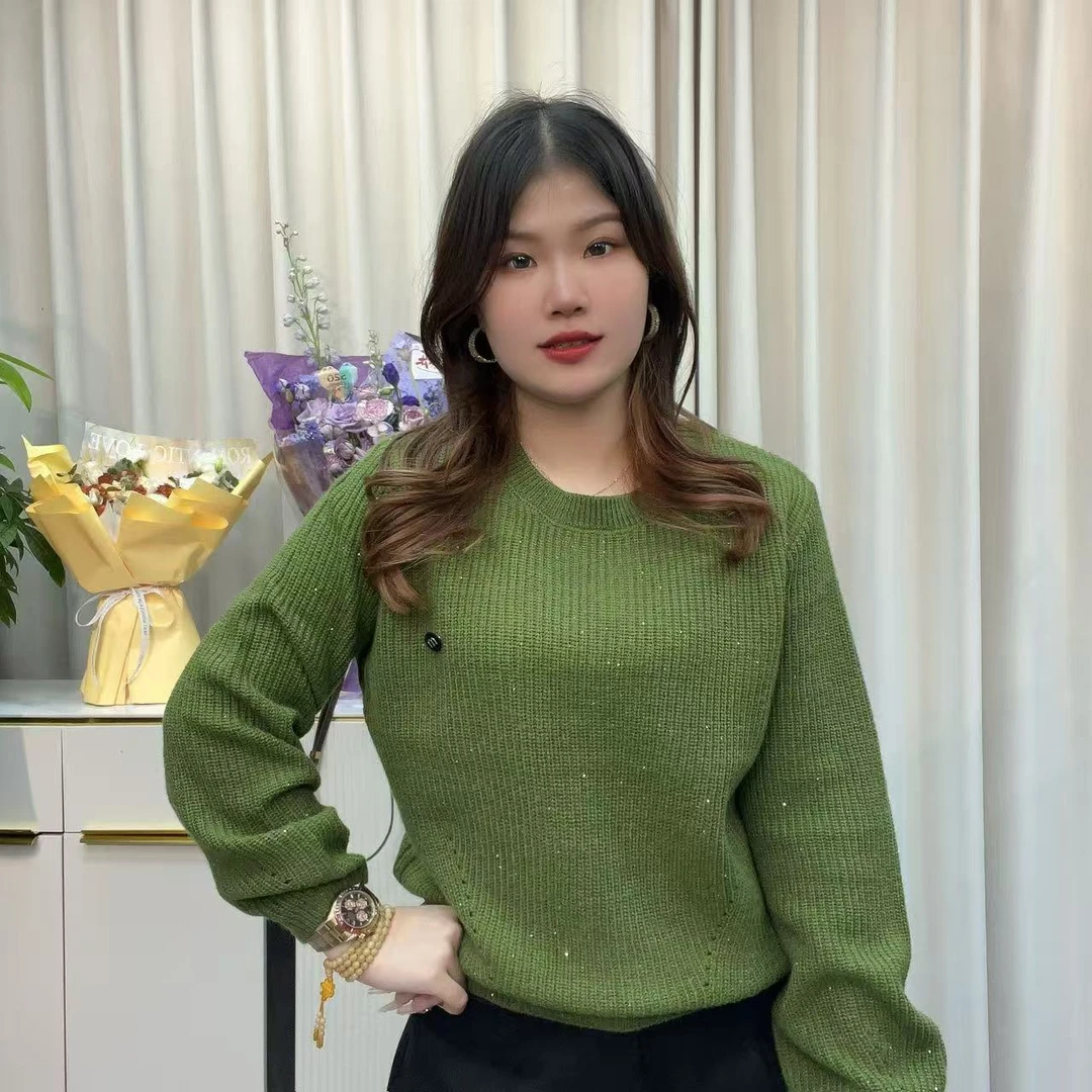 小鑫肝@现货浮力圆领装饰扣亮丝竖坑条纯色简宁毛衣 2001