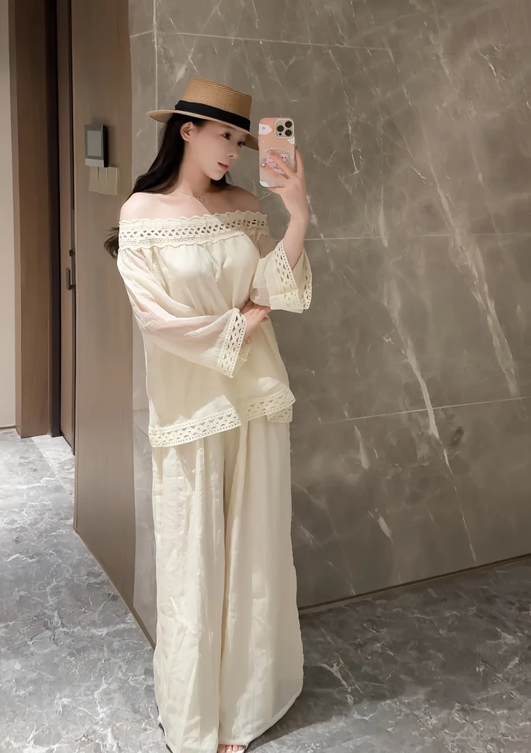 xinuu自制老钱气质两件套女刺绣质感花边一字肩宽松上衣长裤套装