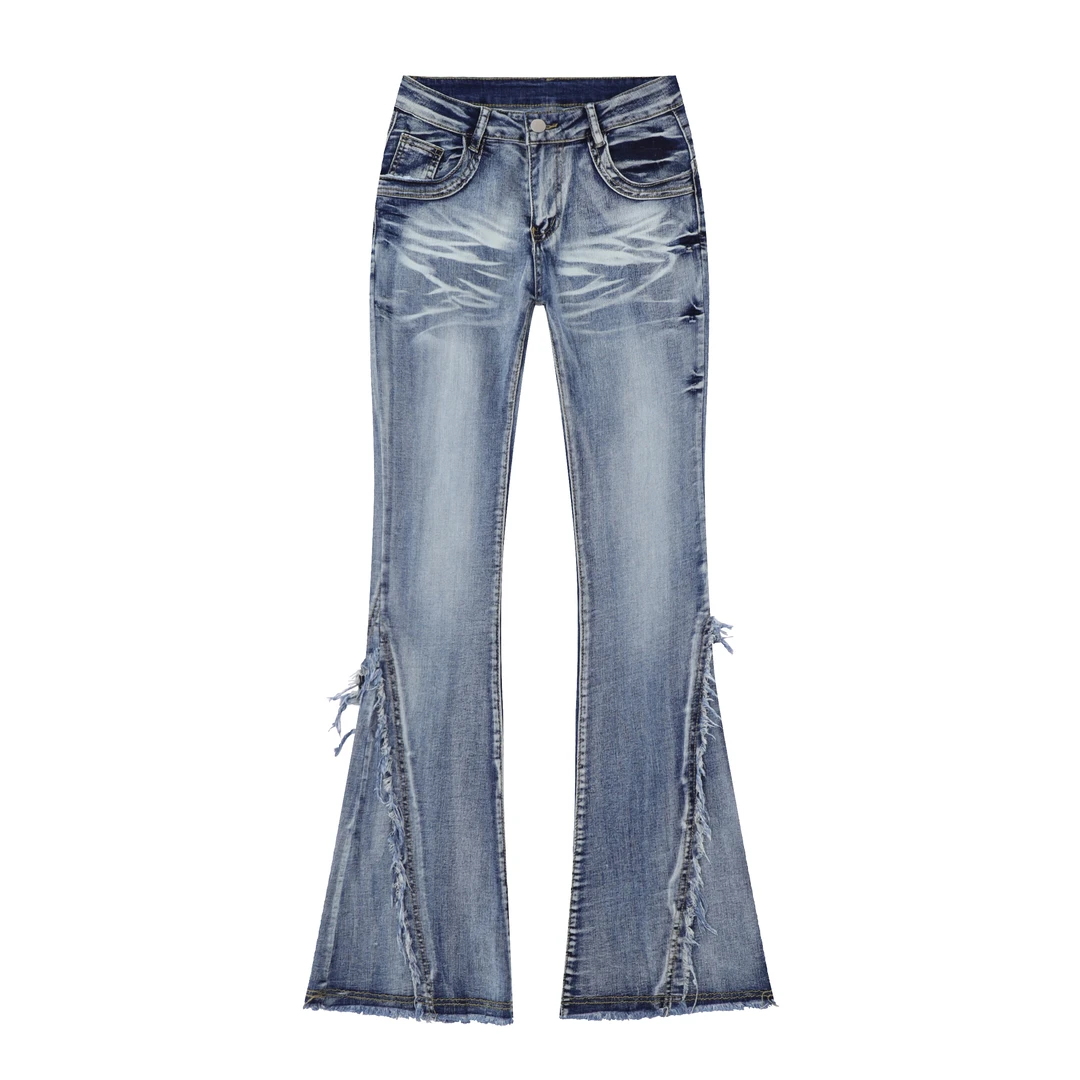 【慌慌】潮牌高街低腰牛仔裤复古设计感毛流感渐变修身微喇裤8887