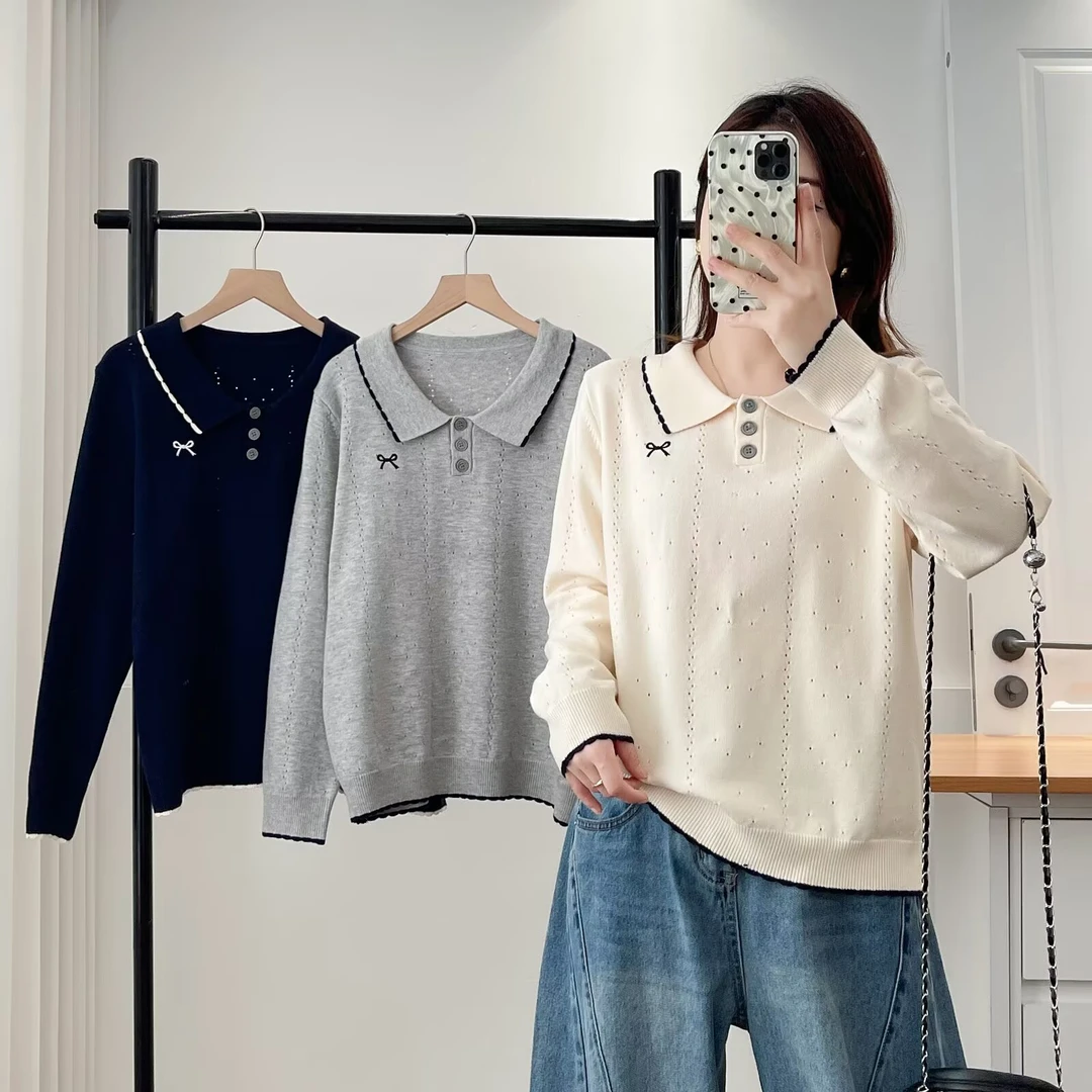 大码女装娃娃领常规款蝴蝶结秋季毛针织衫同款打底衫宽松百搭polo