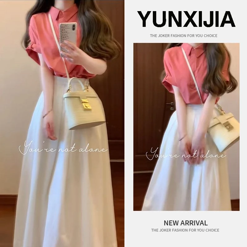 2025韩系高级感休闲轻熟减龄短袖衬衫女夏职场穿搭长裙两件套