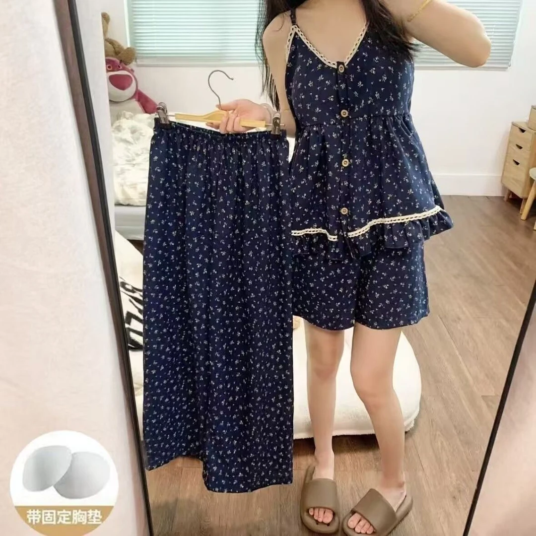 带胸垫睡衣甜美小碎花女士吊带三件套家居服