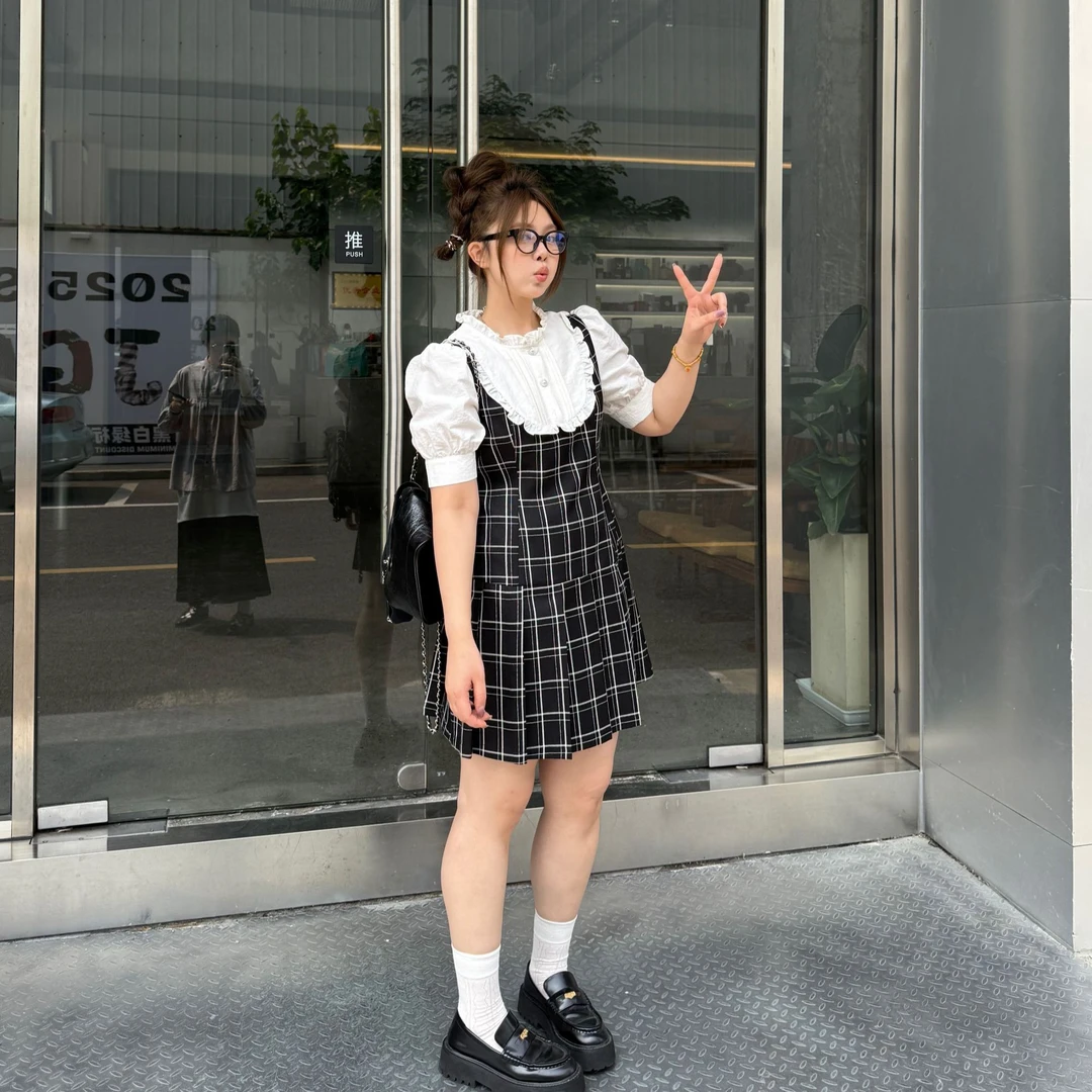 晶咕软软【少女航海家】法式娃娃领减龄木耳边假两件格纹短