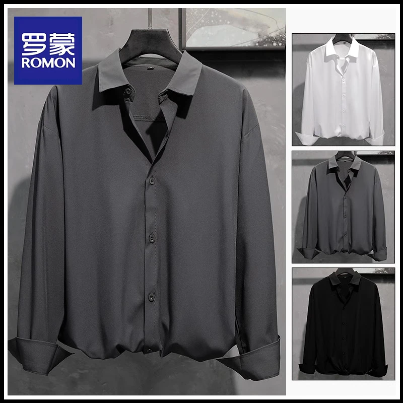罗蒙高级感长袖衬衫男士春秋款2025新款潮牌上衣宽松百搭痞帅衬衣