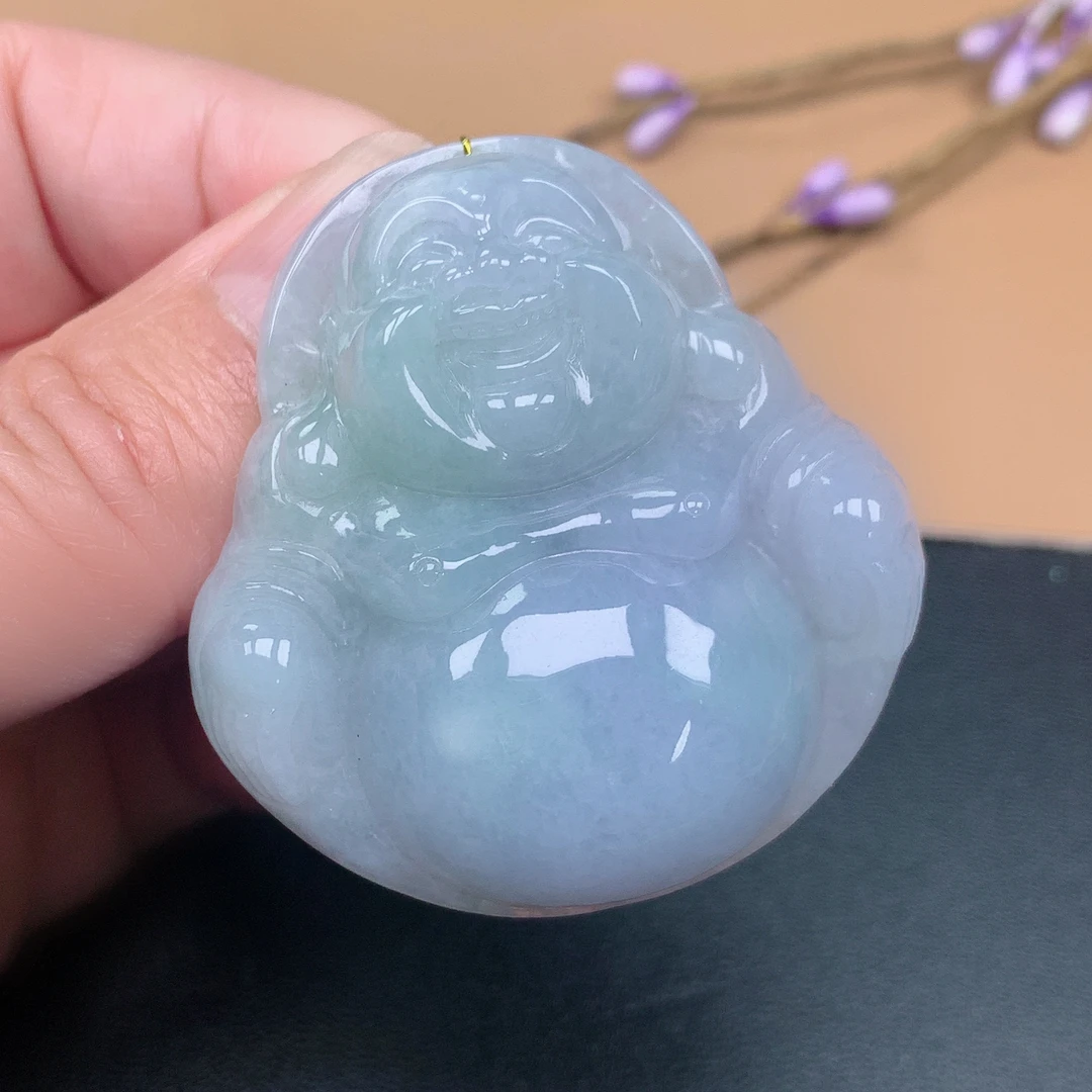 天然缅甸翡翠A货冰糯种飘绿佛公吊坠笑口常开种水足色泽靓丽