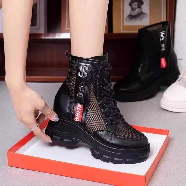 红青蜓真皮网纱马丁靴女新款夏镂空网靴内增高厚底网面透气短靴子