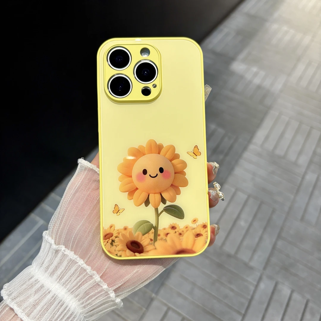 苹果/华为/oppo/vivo/小米蝴蝶向日葵适用iPhone16肤感玻璃手机壳