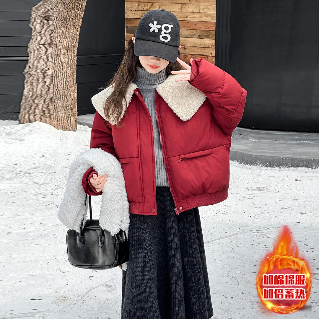 女童红色新年棉服冬季2025新款儿童冬装保暖棉衣女大童短款棉袄潮