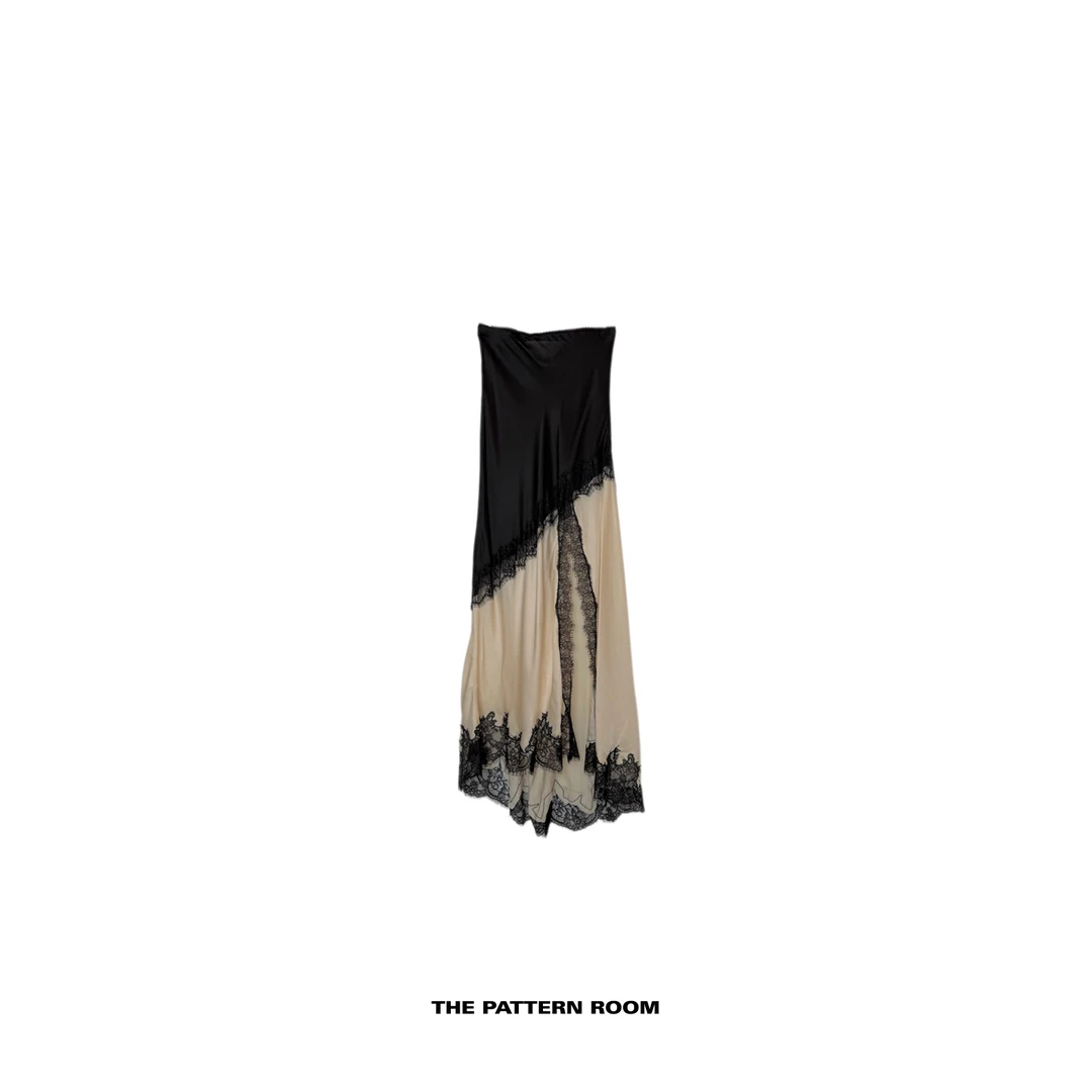 The pattern room | 动态优雅流光缎面蕾丝拼接脚踝半裙