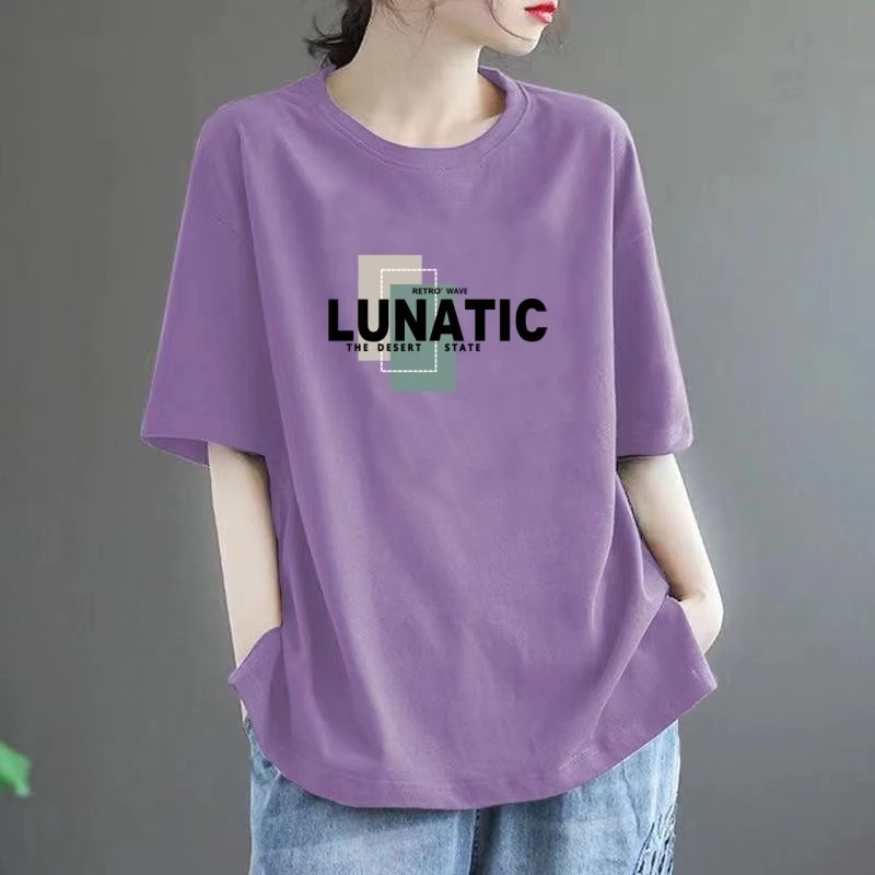 100%纯棉短袖t恤女2025夏季时尚百搭大码宽松版休闲洋气减龄上衣