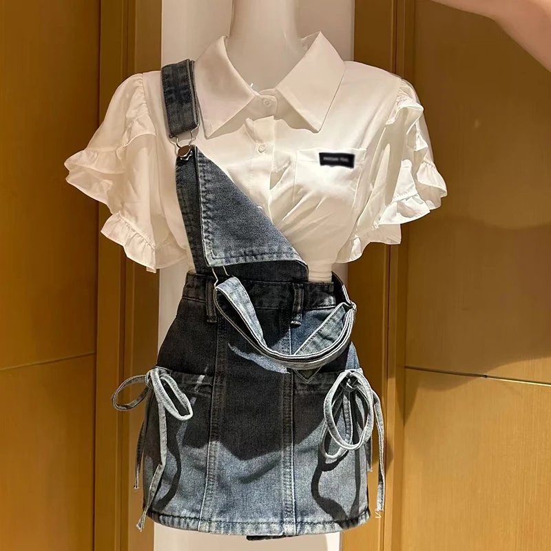 夏季新款白色方领衬衫套装女复古收腰显瘦百搭牛仔背带裙子两件套