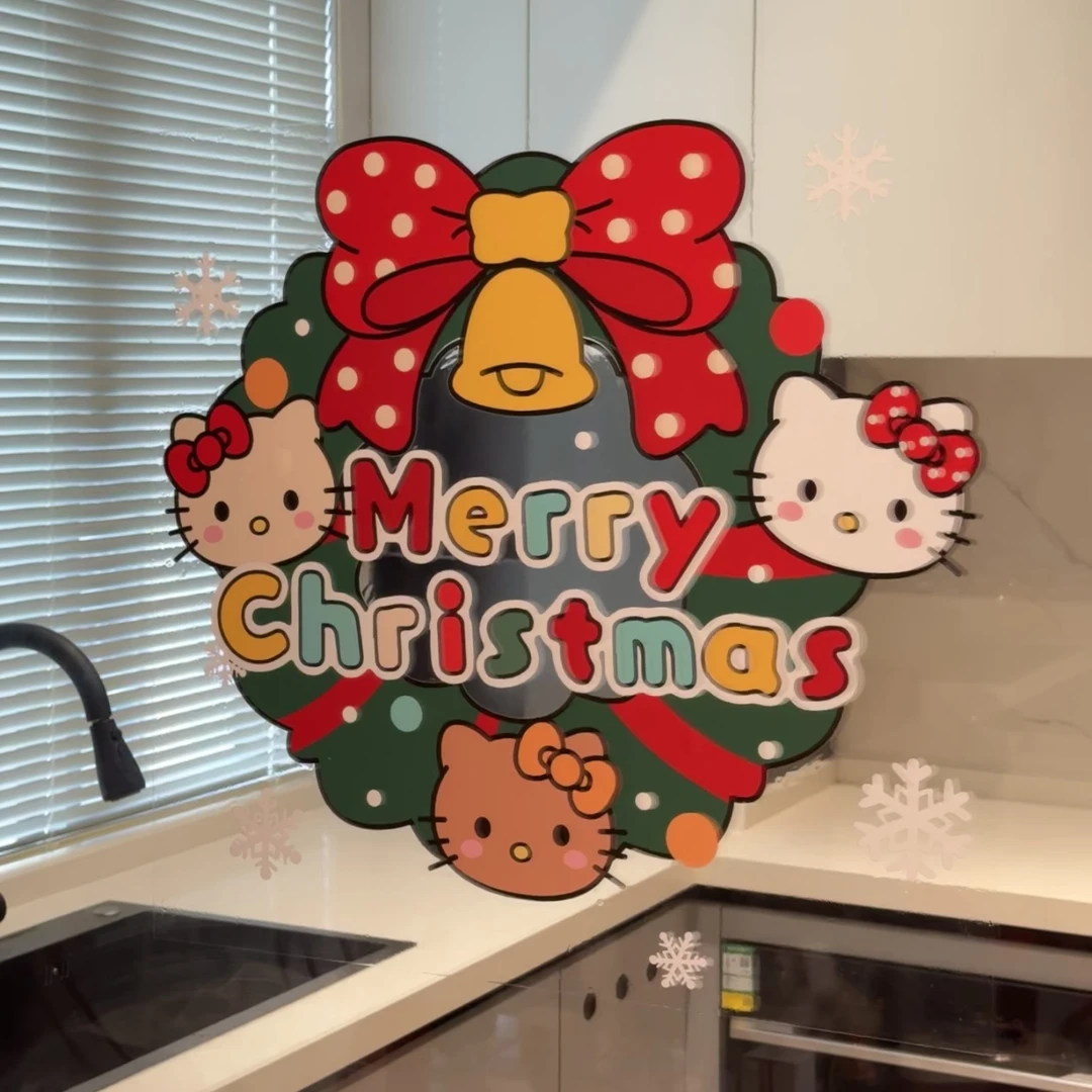 ONE 圣诞节装饰玻璃橱画新年布置KITTY猫圣诞花环静电门贴纸窗贴