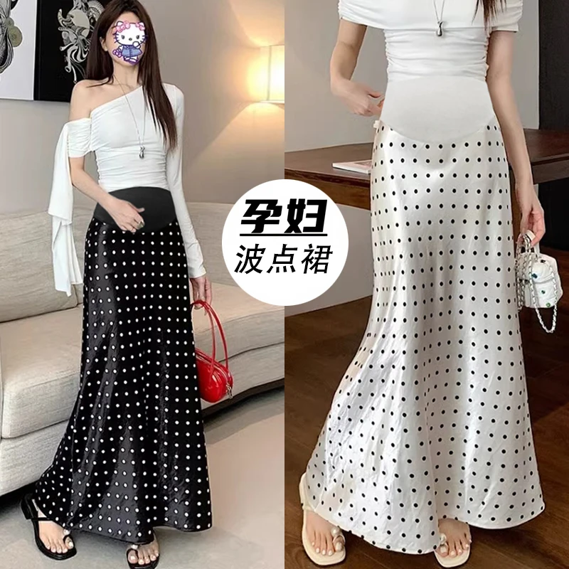 高级感波点孕妇半身裙高腰垂感醋酸缎面鱼尾裙气质孕妇托腹长裙子
