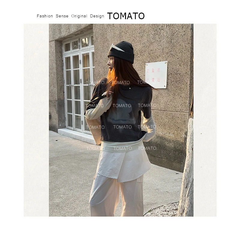 【TomaTo】「小花朵」时尚百搭宽松休闲花朵晕染假俩件上衣C25T37020