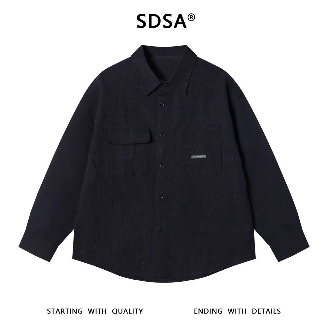 SDSA秋冬新款痞帅男装韩版纯色肌理感纽扣翻领长袖衬衫高街显瘦