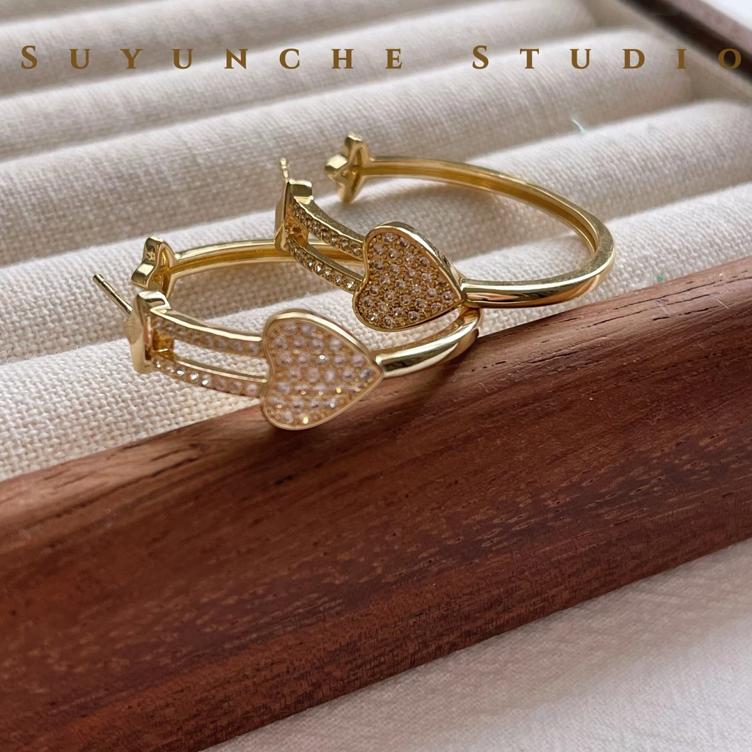 铜合金耳饰 Suyunche2345时尚爱心气质浅金色耳圈耳环