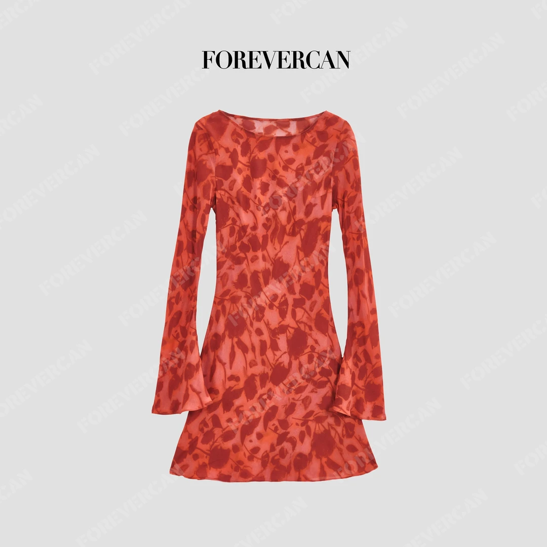 FOREVERCAN“缪斯画像”法式修身长袖喇叭袖短款显瘦连衣裙SD57148