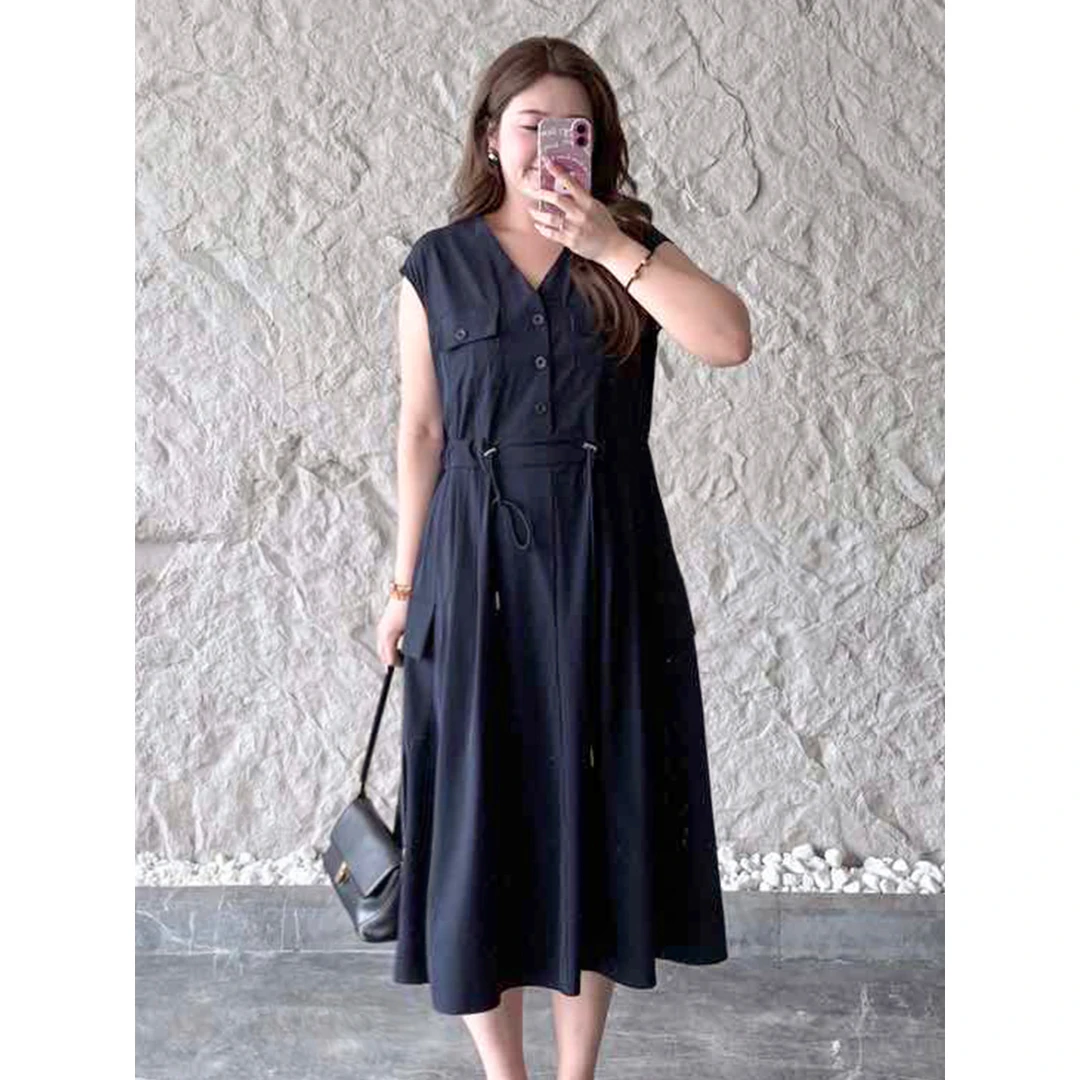 【速干锦纶】MsShe大码女装夏工装风抽绳松紧腰无袖连衣裙H2503021