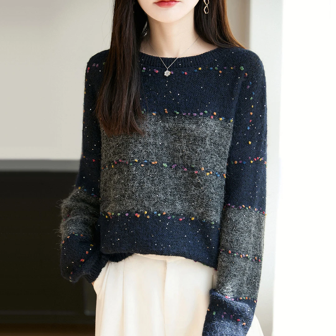 【直供】圆领拼色打底毛衣女外穿减龄秋季宽松百搭显瘦针织衫