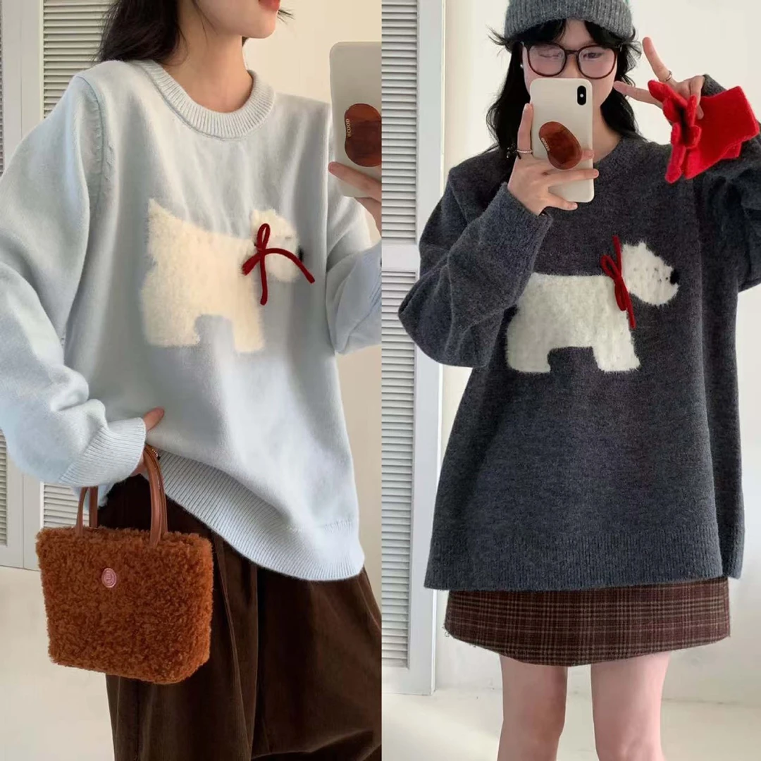 32008韩系学院风宽松休闲减龄两色卡通小狗图案圆领套头大码毛衣