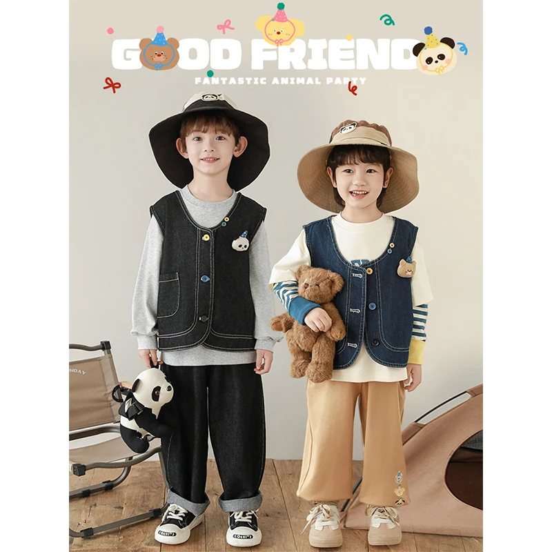 YOEHYAUL/幼悠春二波 原创定制玩偶糖果纽扣明线软牛仔马甲 N5737