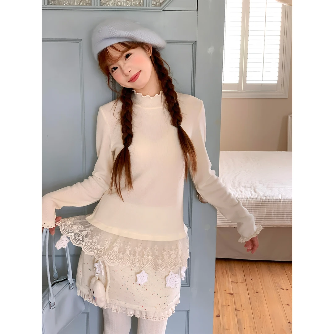 sinsingirl 白雪绵绵 秋冬米白色雪花木耳领打底衫长袖T恤上衣女